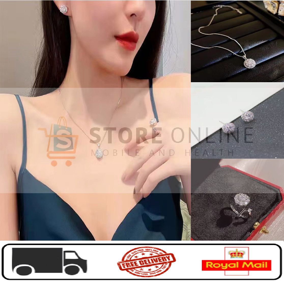 Ladies Crystal Studded Imitation Necklace Earring Ring Wedding Anniversary