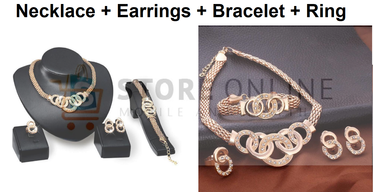 Ladies Rhinestone Studded Imitation Pearl Necklace Earring Bracelet Ring Party