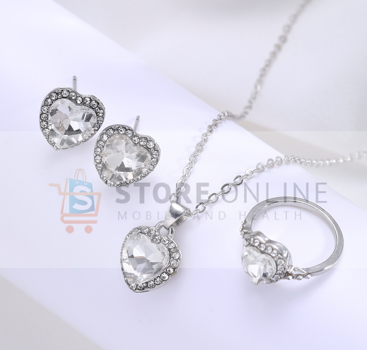 Ladies Heart Shaped Necklace Earring Ring Set Wedding Bridal Sparkle Diamante