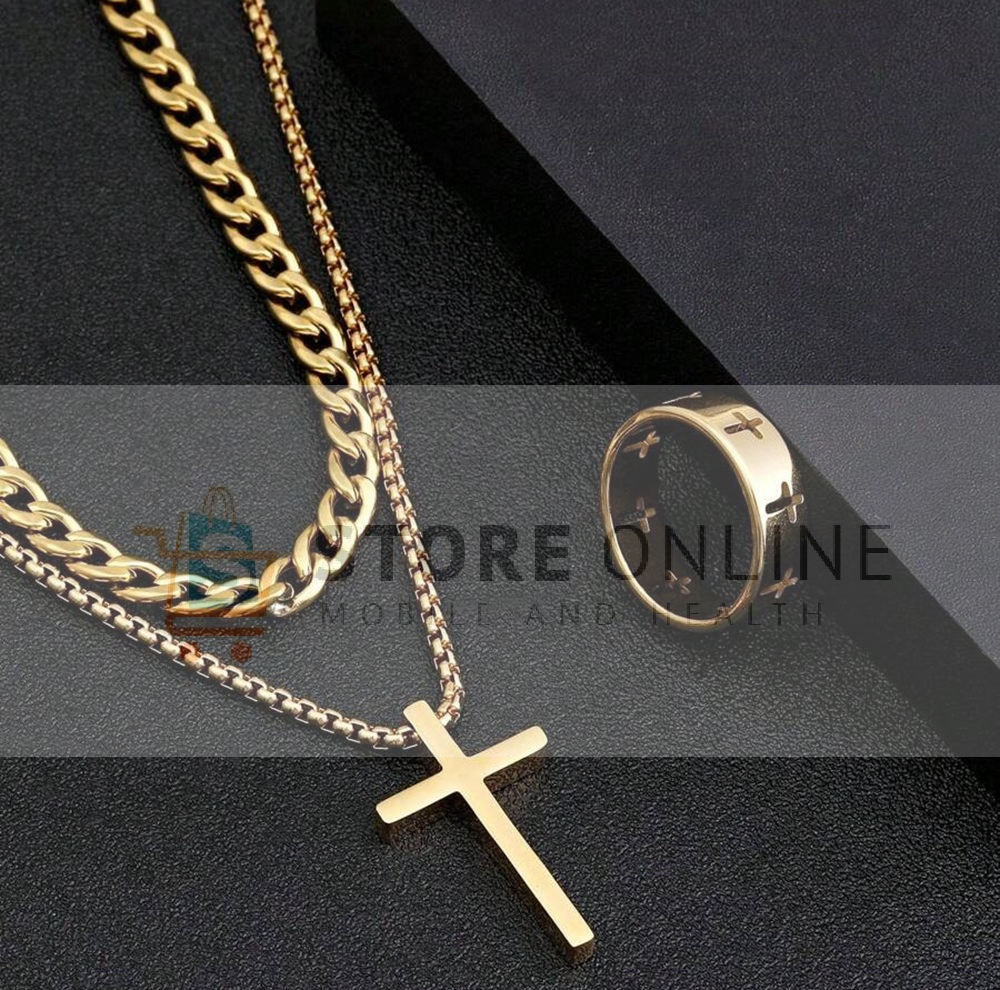 Punk Cross Necklace Bracelet Chain Ring Men's Set Hip Hop